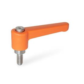 WN 302.1 Nylon Plastic Straight Adjustable Levers, Threaded Stud Type, with Stainless Steel Components Color: OS - Orange, RAL 2004, textured finish