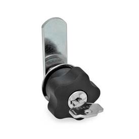 EN 217 Mécanismes de verrouillage de porte acier, manipulation par bouton étoile plastique Type: A - Avec loquet droit<br />Codage: SR - Avec verrou à clé, verrouillable en tournant à droite (verrouillage différent)
