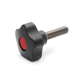 EN 5337.7 Technopolymer Plastic Five-Lobed Knobs, with Stainless Steel Threaded Stud Color of the cover cap: DRT - Red, RAL 3000, matte finish