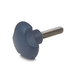 EN 5342 FDA Compliant Plastic Three-Lobed Knobs, Detectable, with Stainless Steel Threaded Stud Material / Finish: MDB - Metal detectable, blue, RAL 5001, matte finish