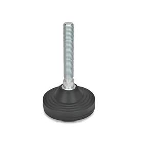 EN 244 Steel Leveling Feet, Plastic Base, Threaded Stud Type with Spherical Seating, without Mounting Holes Type: AG - Without nut, with rubber pad