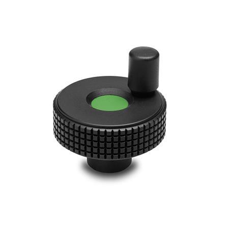 EN 735 Technopolymer Plastic Knurled Control Knobs, with Mini Revolving Handle, Colored Cover Caps Color of the cover cap: DGN - Green, RAL 6017, matte finish
