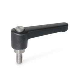WN 302.1 Nylon Plastic Straight Adjustable Levers, Threaded Stud Type, with Stainless Steel Components Color: SW - Black, RAL 9005, textured finish