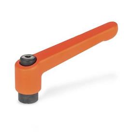 GN 300 Zinc Die-Cast Adjustable Levers, Tapped or Plain Bore Type, with Blackened Steel Components Color / Finish: OS - Orange, RAL 2004, textured finish