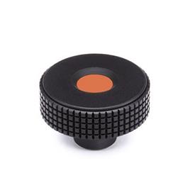 EN 534 Technopolymer Plastic Diamond Cut Knurled Knobs, with Brass Tapped or Plain Blind Bore Insert, with Colored Cap Cover cap color: DOR - Orange, RAL 2004, matte finish