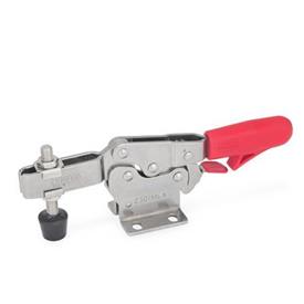 GN 820.3 Stainless Steel Horizontal Acting Toggle Clamps, with Safety Hook, with Horizontal Mounting Base Material: NI - Stainless steel<br />Type: MLC - U-bar version, with two flanged washers and GN 708.1 spindle assembly