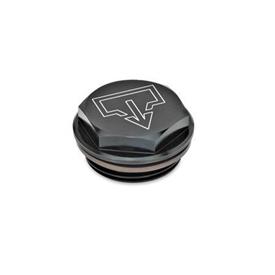 GN 742 Aluminum Fluid Fill / Drain Plugs, with or without Symbol, Resistant up to 356 °F Type: ASS - With drain symbol, black anodized finish<br />Identification no.: 1 - Without vent hole