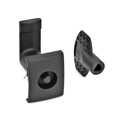 EN 115.5 Technopolymer Plastic Cam Latches, Operation with Socket Key, for Snap-Fit Mounting Type: DK - With triangular spindle
Finish: SW - Black, RAL 9005, textured finish
Identification no.: 2 - Latch housing with  rectangular stop