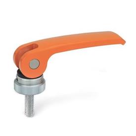 GN 927 Manijas de sujeción con leva excéntrica de zinc fundido a presión, con espárragos roscados, con componentes de acero Tipo: A - Placa de contacto de plástico con tuerca de ajuste<br />Color: O - Naranja, RAL 2004