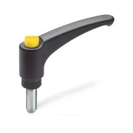 EN 603 Technopolymer Plastic Adjustable Levers, with Push Button, Threaded Stud Type, with Steel Components, Ergostyle® Color of the push button: DGB - Yellow, RAL 1021, shiny finish
