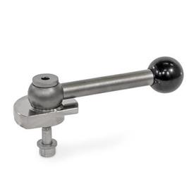 GN 918.7 Stainless Steel Clamping Cam Units, Downward Clamping, Screw from the Back Type: GVB - With ball lever, straight (serrations)<br />Clamping direction: R - By clockwise rotation (drawn version)
