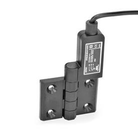 EN 239.4 Technopolymer Plastic Hinges with Integrated Switch, with Connector Cable Identification: SR - Bores for contersunk screw, switch right<br />Type: AK - Cable at the top
