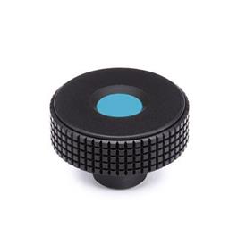 EN 534 Technopolymer Plastic Diamond Cut Knurled Knobs, with Brass Tapped or Plain Blind Bore Insert, with Colored Cap Cover cap color: DBL - Blue, RAL 5024, matte finish