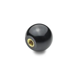 DIN 319 Phenolic Plastic Ball Knobs, Tapped Insert Type Material: KU - Plastic<br />Type: E - With tapped insert<br />Material insert: MS - Brass