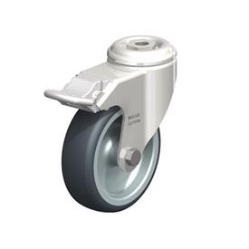  LKRXA-TPA Rodajas giratorias de acero inoxidable de servicio ligero, con ruedas de caucho termoplástico y ajuste con agujero para perno, serie de soportes pesados Type: G-FI - Cojinete liso con freno «stop-fix»