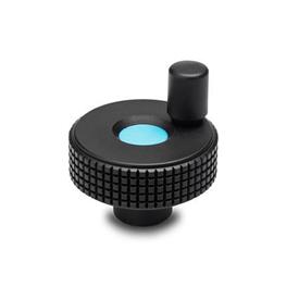 EN 735 Technopolymer Plastic Knurled Control Knobs, with Mini Revolving Handle, Colored Cover Caps Color of the cover cap: DBL - Blue, RAL 5024, matte finish
