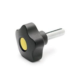 EN 5337.2 Technopolymer Plastic Five-Lobed Knobs, with Steel Threaded Stud Color of the cover cap: DGB - Yellow, RAL 1021, matte finish