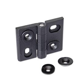 GN 127 Zinc Die-Cast Hinges, Adjustable, with Alignment Bushings Type: HB - Horizontal and vertical slots<br />Color: SW - Black, RAL 9005, textured finish