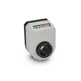 EN 953 Technopolymer Plastic Digital Position Indicators, 5 Digit Display, Steel Shaft Receptacle Installation (Front view): AN - On the chamfer, above<br />Color: GR - Gray, RAL 7035