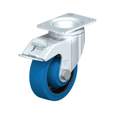L-POEV Steel Medium Duty Rubber Wheel Swivel Casters, with Plate Mounting Type: K-FI-SB-FK - Ball bearing with stop-fix brake, with blue wheel, with thread guard