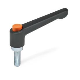 GN 303.2 Zinc Die-Cast Adjustable Levers, with Push Button, Threaded Stud Type, with Zinc Plated Steel Components Push button color: O - Orange, RAL 2004