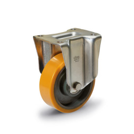 EN 22887 Steel Medium Duty Casters, Polyurethane Wheel Tread, Cast Iron Wheel Core, Medium Version Bearing type: K - Annular ball bearing<br />Bracket type: B - Rigid bracket<br />Coding: M - Medium version<br />Bracket type: ST - Steel sheet metal