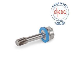 GN 1582 Tornillos de cabeza hexagonal de acero inoxidable, con espárrago rebajado para protección contra pérdidas, diseño higiénico Acabado: MT - Acabado mate (Ra < 0.8 µm)<br />Material del anillo de sellado: E - EPDM