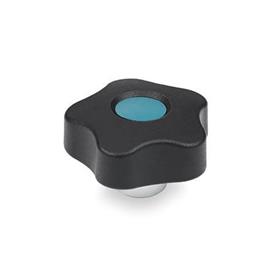 EN 5337.1 Technopolymer Plastic Five-Lobed Knobs, with Protruding Steel Hub, Tapped Blind Bore Type: E - With cover cap (tapped blind bore)<br />Color of the cover cap: DBL - Blue, RAL 5024, matte finish