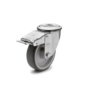 EN 22872 Steel / Stainless Steel Medium Duty Casters, Thermoplastic Elastomer Wheel Tread, Polypropylene Wheel Core, Light Version Bearing type: G - Friction bearing<br />Bracket type: RF - Swivel bracket with center hole, with total lock brake<br />Coding: L - Light version<br />Bracket material: ST - Steel sheet metal