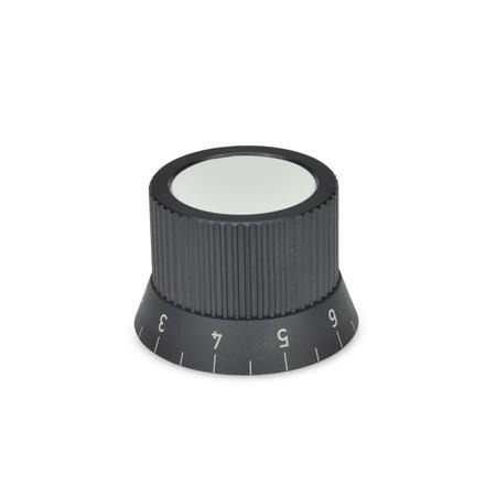 GN 726.2 Aluminum Knurled Control Knobs, Plain Bore or Collet Type Type: S - With scale 0...9, 20 graduations
Identification No.: 2 - With collet