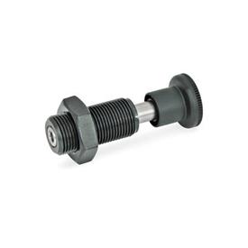 GN 313 Steel Spring Bolts, Plunger Pin Retracted in Normal Position Type: AK - With knob, with lock nut<br />Identification no.: 2 - Pin with internal thread
