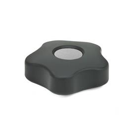 EN 5331 Technopolymer Plastic Five-Lobed Knobs, with Brass Square or Tapped Insert, Low Type, with Colored Cover Caps Type: B - With cover cap<br />Color of the cover cap: DGR - Gray, RAL 7035, matte finish