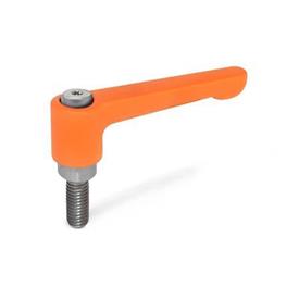 GN 302.1 Zinc Die-Cast Straight Adjustable Levers, Threaded Stud Type, with Stainless Steel Components Color: OS - Orange, RAL 2004, textured finish