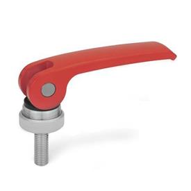 GN 927.4 Zinc Die-Cast Clamping Levers with Eccentrical Cam, Threaded Stud Type, with Stainless Steel Components Type: A - Plastic contact plate with setting nut<br />Color: R - Red, RAL 3000