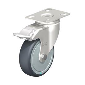  LKPXA-TPA Stainless Steel Light Duty Swivel Casters, with Thermoplastic Rubber Wheels and Heavy Brackets Type: KD-FI-FK - Ball bearing seals with stop-fix brake, with thread guard