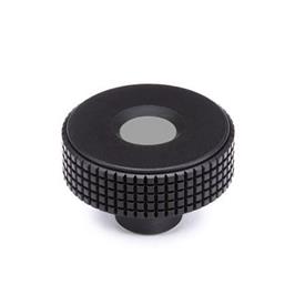 EN 534 Technopolymer Plastic Diamond Cut Knurled Knobs, with Brass Tapped or Plain Blind Bore Insert, with Colored Cap Cover cap color: DGR - Gray, RAL 7035, matte finish