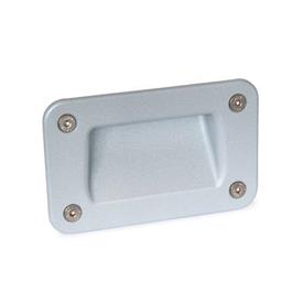 GN 7330 Zinc Die-Cast Gripping Trays, Screw-In Type Type: A - Mounting from the operator's side (for identification no. 2 with four countersunk sealing screws)<br />Identification no.: 2 - With seal<br />Finish: SR - Silver, RAL 9006, textured finish