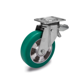 EN 22886 Steel Medium Duty Casters, Polyurethane Wheel Tread, Aluminum Wheel Core, Medium Version Bearing type: K - Annular ball bearing<br />Bracket type: LF - Swivel bracket with mounting plate, with total lock brake<br />Coding: M - Medium version<br />Bracket material: ST - Steel sheet metal