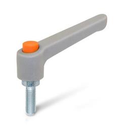 WN 303.2 Nylon Plastic Adjustable Levers, with Push Button, Threaded Stud Type, with Zinc Plated Steel Components Lever color: GS - Gray, RAL 7035, textured finish<br />Push button color: O - Orange, RAL 2004