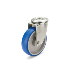 EN 22884 Steel / Stainless Steel Medium Duty Casters, Polyurethane Wheel Tread, Polyamide Wheel Core, Light Version Bearing type: G - Friction bearing<br />Bracket type: R - Swivel bracket with center hole<br />Coding: L - Light version<br />Bracket material: NI - Stainless steel sheet metal