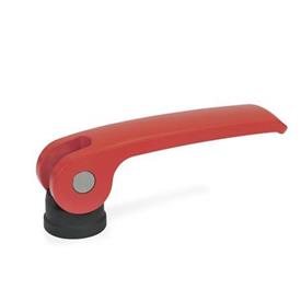 GN 927 Manijas de sujeción con leva excéntrica de zinc fundido a presión, tipo roscado, con componentes de acero Tipo: B - Placa de contacto de plástico sin tuerca de ajuste<br />Color: R - Rojo, RAL 3000