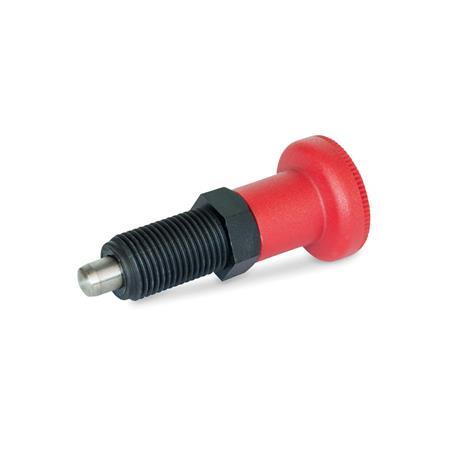 EN 617.2 Plastic Indexing Plungers, with Stainless Steel Plunger Pin, Lock-Out and Non Lock-Out, with Red Knob Type: B - Non lock-out, without lock nut
Material: NI - Stainless steel