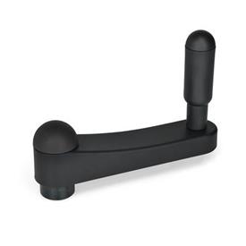 EN 670 Technopolymer Plastic Crank Handles, Ergostyle®, with Revolving Handle, with Bore Color of the cover cap: DSG - Black-gray, RAL 7021, matte finish
