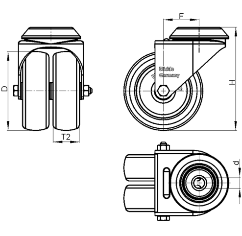  LMDA-POA Rodajas giratorias de acero con ruedas gemelas de nylon negro, montaje con agujero para perno, serie de soportes estándar boceto