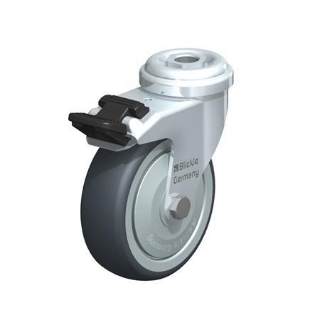  LRA-TPA Rodajas giratorias de acero de servicio ligero con ruedas de caucho termoplástico, y ajuste con agujero para perno Type: K-FI - Cojinete de bolas con freno «stop-fix»