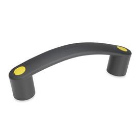 EN 628.3 Technopolymer Plastic Flexible Bridge Handles, with Counterbored Mounting Holes, Ergostyle® Color of the cover caps: DGB - Yellow, RAL 1021, matte finish
