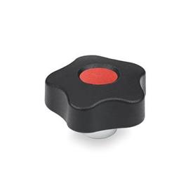 EN 5337.1 Technopolymer Plastic Five-Lobed Knobs, with Protruding Steel Hub, Tapped Blind Bore Type: E - With cover cap (tapped blind bore)<br />Color of the cover cap: DRT - Red, RAL 3000, matte finish