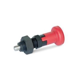 EN 617.2 Plastic Indexing Plungers, with Stainless Steel Plunger Pin, Lock-Out and Non Lock-Out, with Red Knob Type: CK - Lock-out, with lock nut<br />Material: NI - Stainless steel