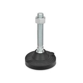 EN 245 Steel Leveling Feet, Plastic Base, Threaded Stud Type with Spherical Seating, with Mounting Holes Type: B - With nut, without rubber pad
