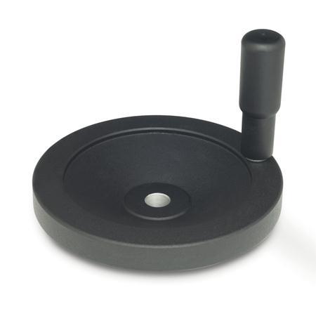 GN 323 Aluminum Solid Disk Handwheels, Black Powder Coated, with or without Revolving Handle Bore code: B - Without keyway
Type: R - With revolving handle